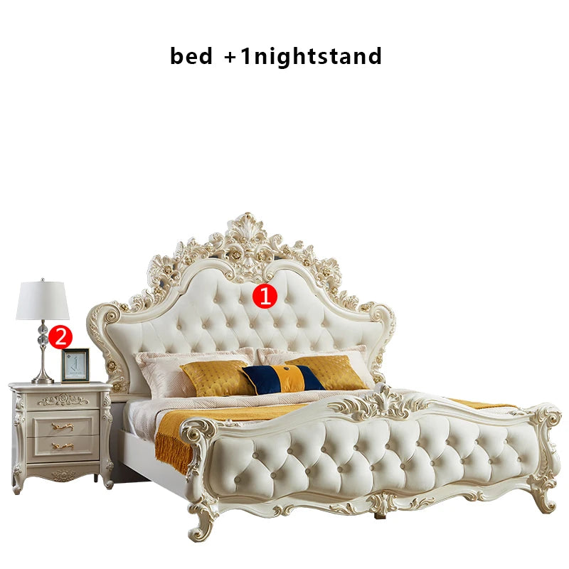 Luxury cream tufted princess bed frame with ornate carved details and matching bedside table.