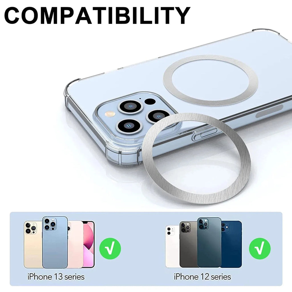 Clear, slim phone case with a metallic magnetic ring, shown with compatibility icons for various smartphone models.