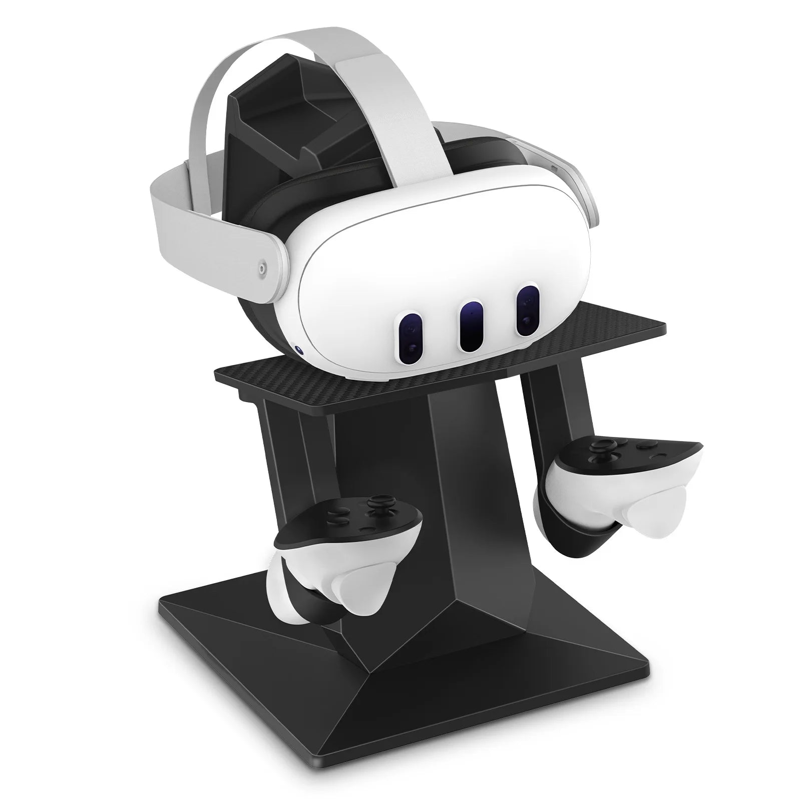 Black VR display stand featuring a sturdy base, shelf for a headset, and side hooks for two handheld controllers.