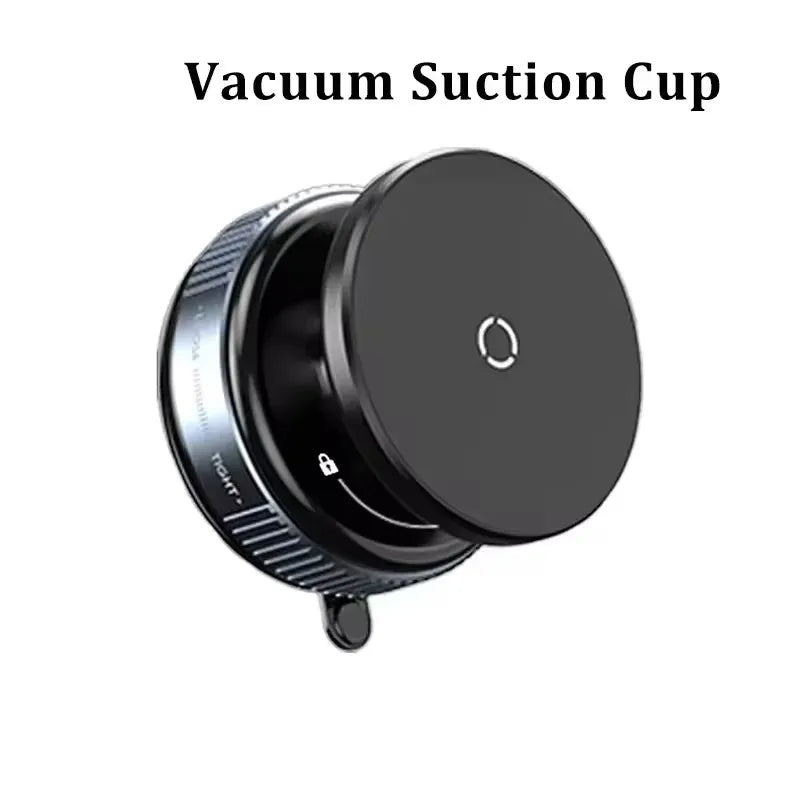 A circular, matte black vacuum suction cup with a textured rotating locking ring and a small unlock icon.