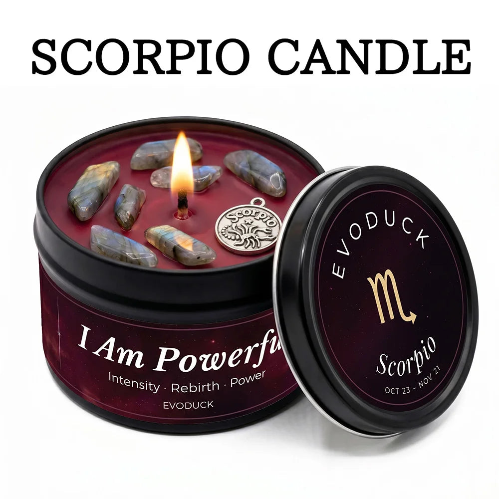 Scorpio zodiac candle in black tin, featuring red wax, crystals, and a silver scorpion charm.