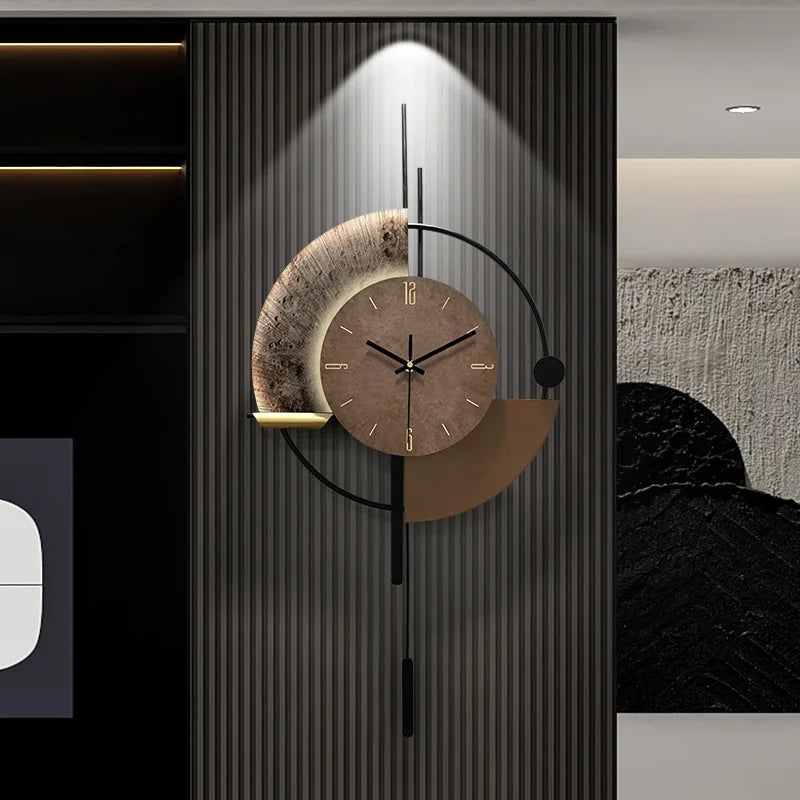 Modern minimalist wall clock featuring a brown circular face, textured gold accents, and a black metal frame.