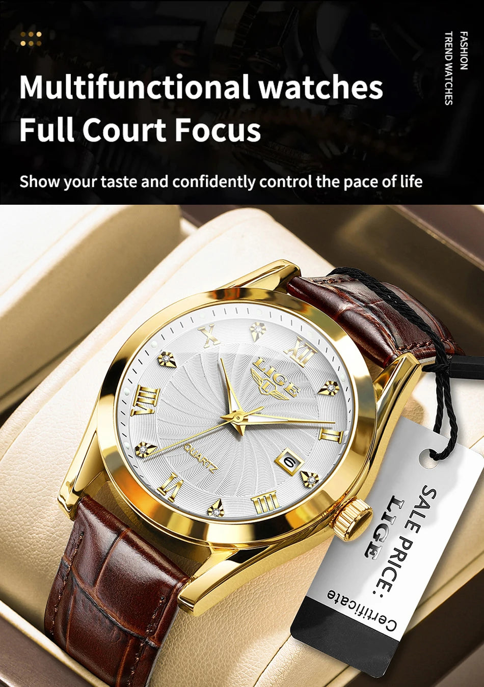 Elegant women’s quartz watch with a gold-tone case, white sunray dial, Roman numerals, and a brown leather strap.