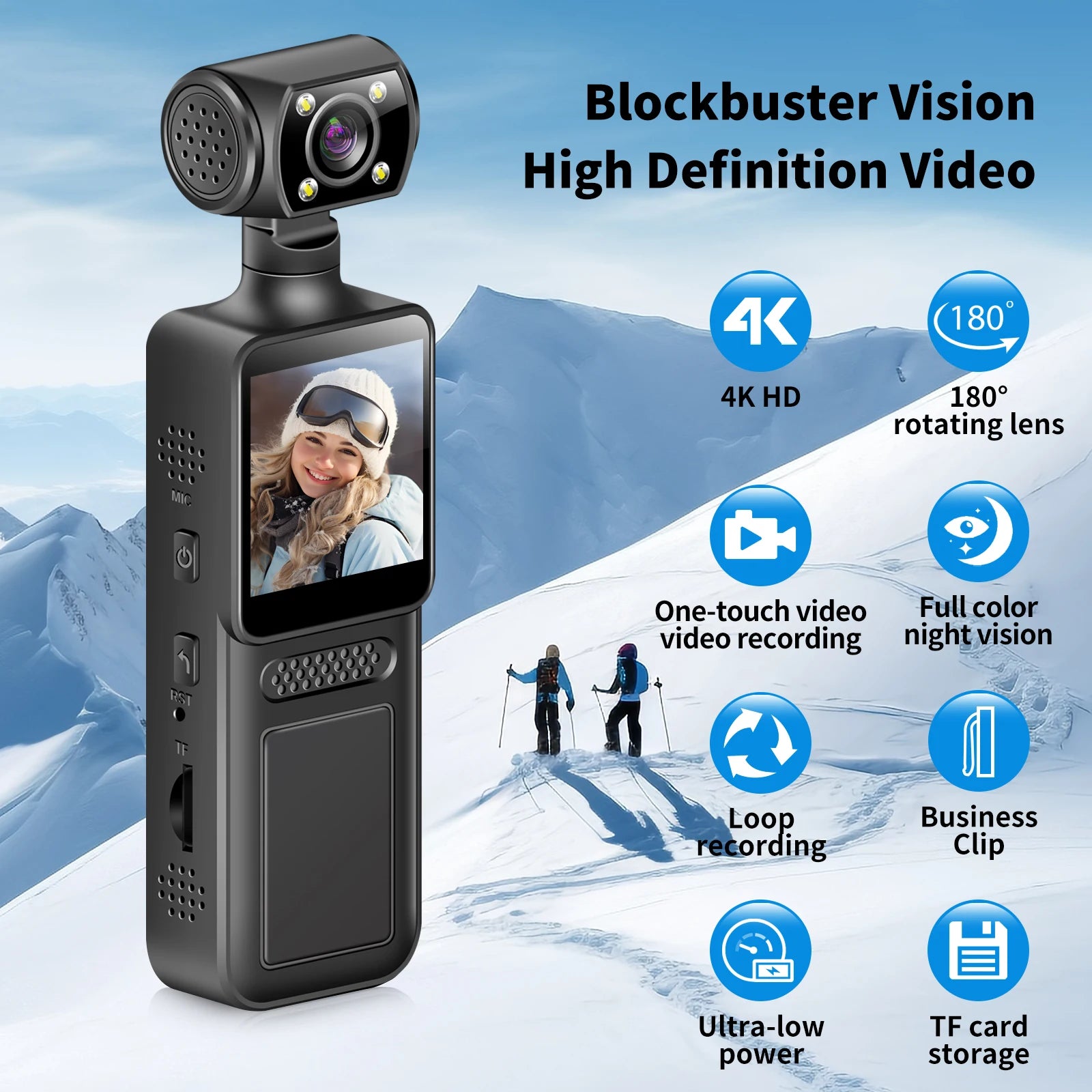 Black portable 4K body camera with a 180-degree rotatable lens, featuring an LCD screen and integrated business clip.