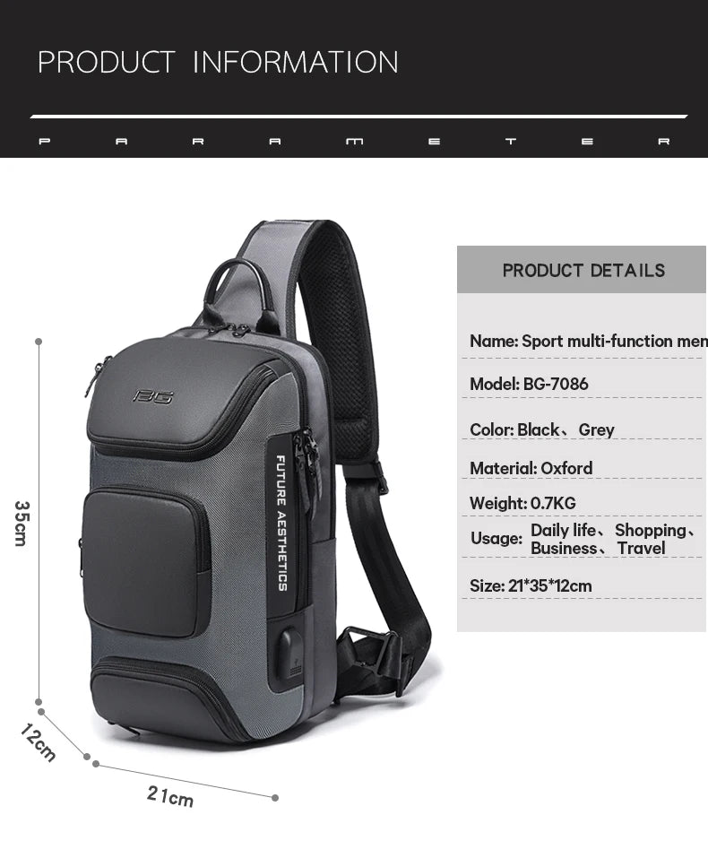 A sleek grey and black multifunctional crossbody sling bag with multiple zip pockets and an integrated USB port.