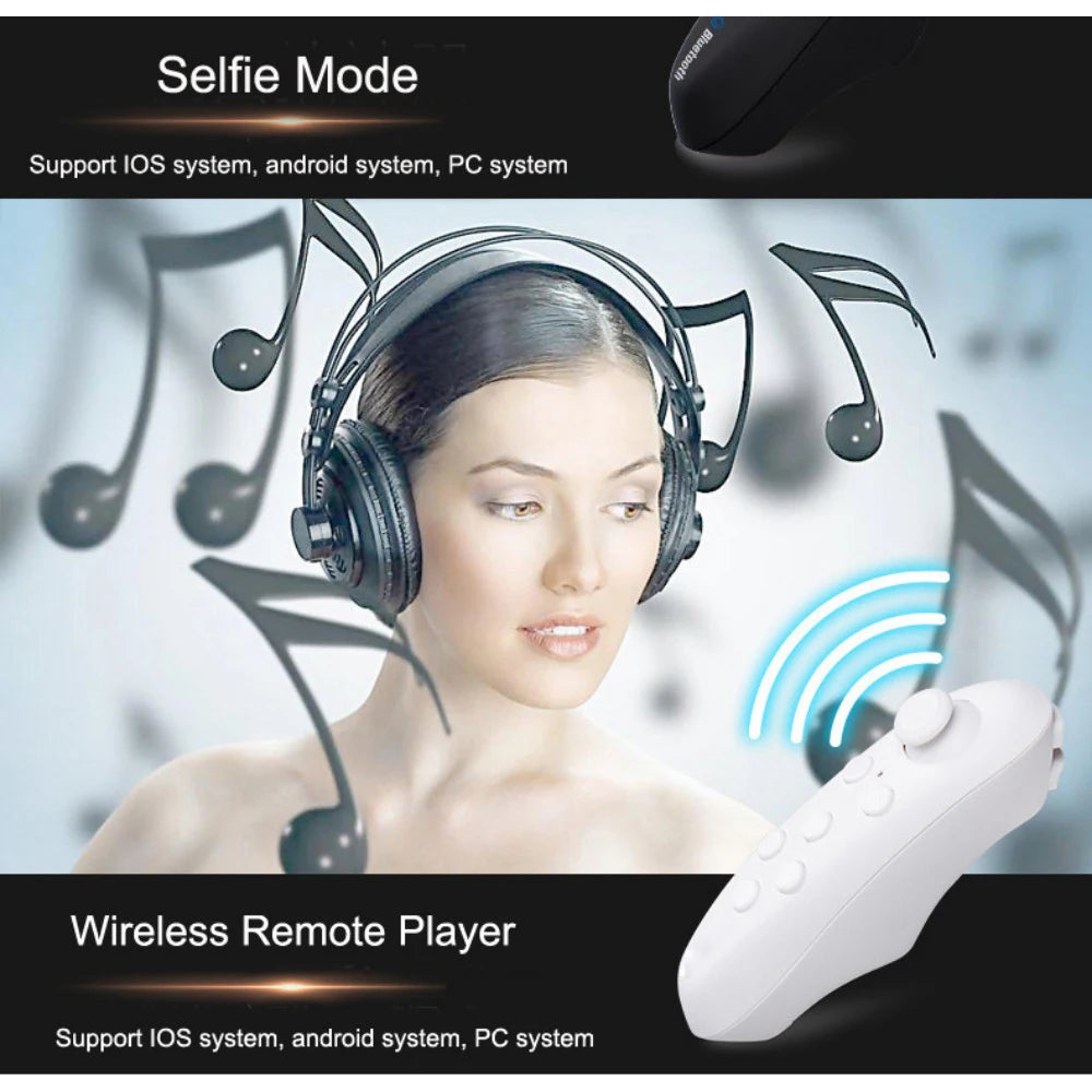 White handheld wireless remote controller for VR headsets, showing Bluetooth connectivity icons.