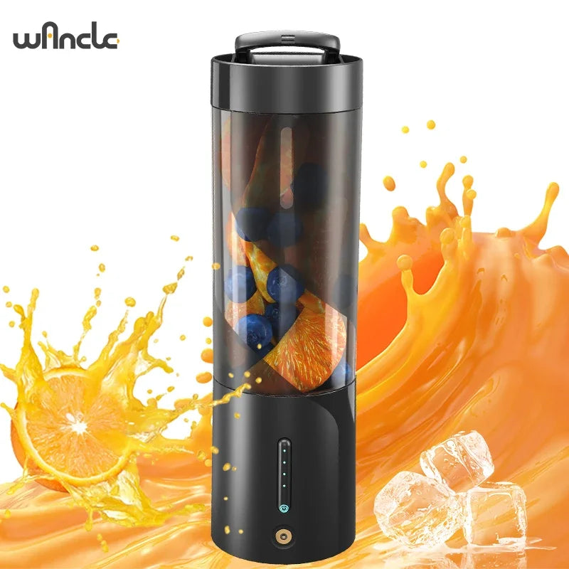 Black portable electric blender cup filled with fruit, surrounded by orange juice splashes and ice cubes.