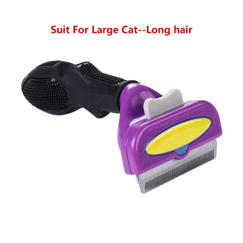 Purple and black deshedding grooming tool with a yellow oval detail and a grey eject button.