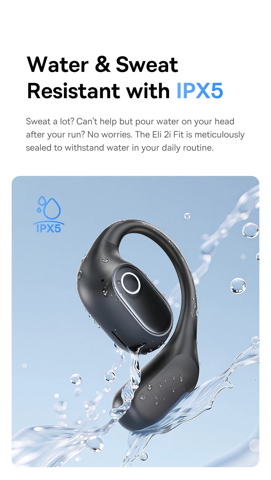 Black, hook-style wireless earbuds with a modern design, shown splashed with water against a light blue background.