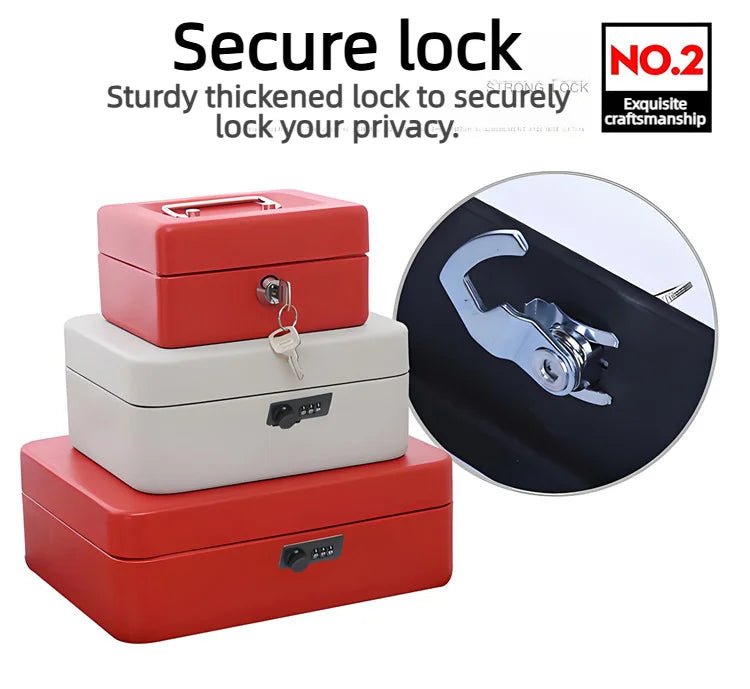 Three stacked metal cash boxes in red and grey, featuring combination and key locks with a metal latch mechanism.