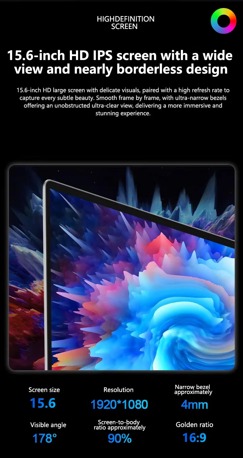 15.6-inch laptop with a slim-bezel HD screen showing a vibrant, abstract blue and purple graphic.