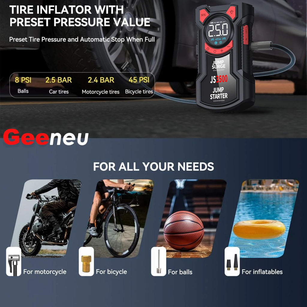 Black PAIVIROKU car jump starter and air compressor with digital screen, shown inflating a car tire.