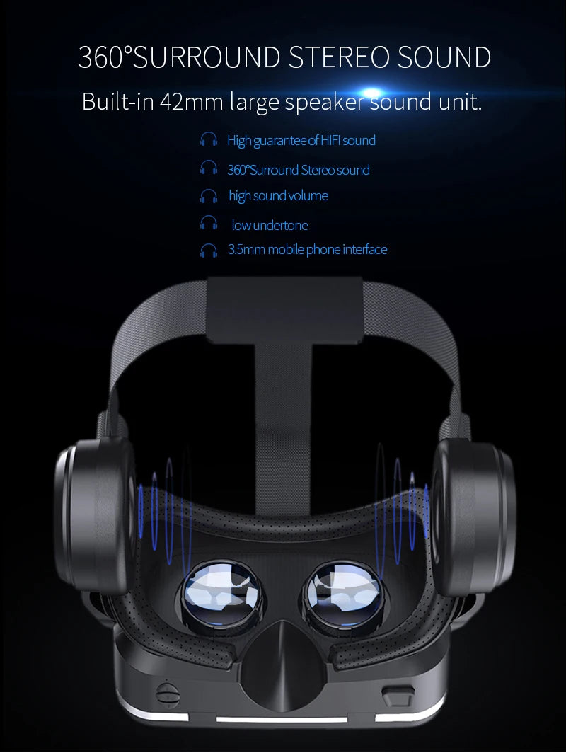 Black 3D VR headset with adjustable strap, integrated over-ear headphones, and internal lenses.