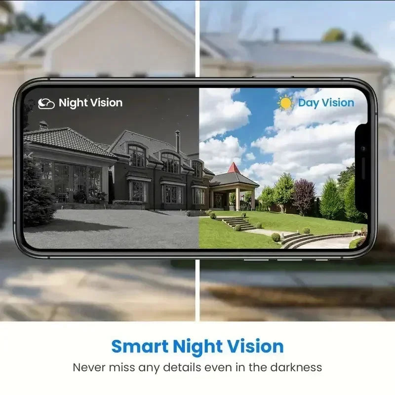 Smartphone screen showing a split-view comparison of a house in clear day colour and crisp black-and-white night vision.