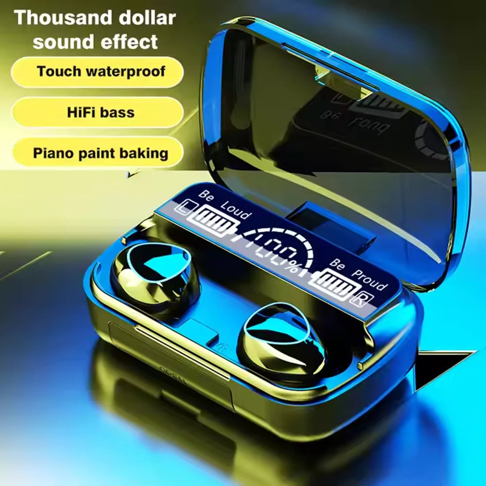 Glossy blue wireless earbuds in a charging case with a digital battery display screen and reflective finish.