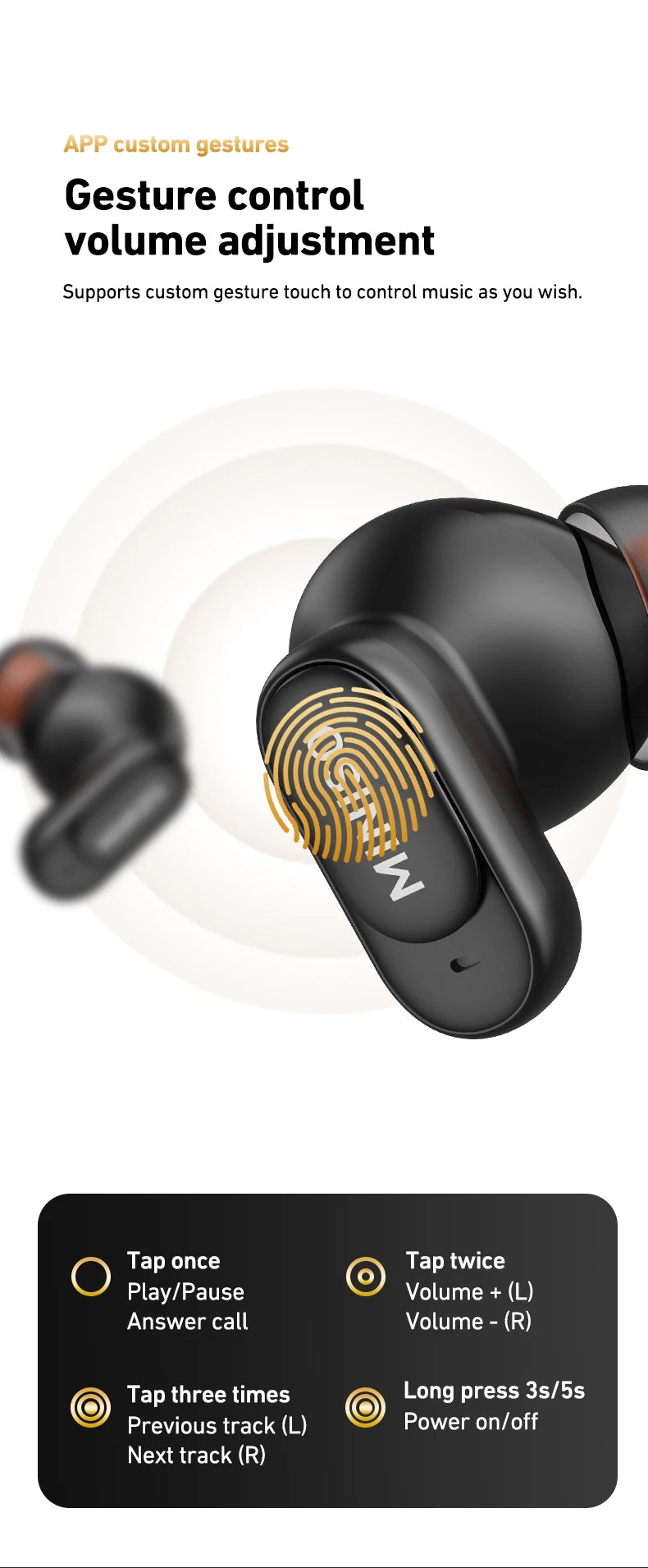 Black wireless earbuds with touch-sensitive surfaces and a diagram illustrating tap-based gesture controls.
