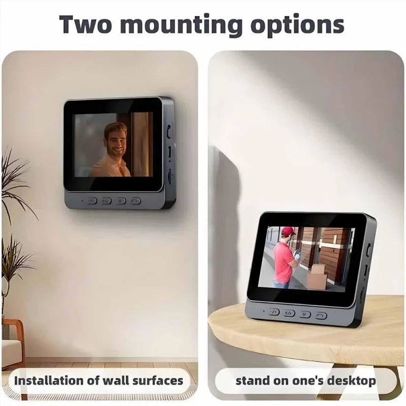 Grey wireless video doorbell with 4.3-inch screen shown mounted on a wall and standing on a desk.