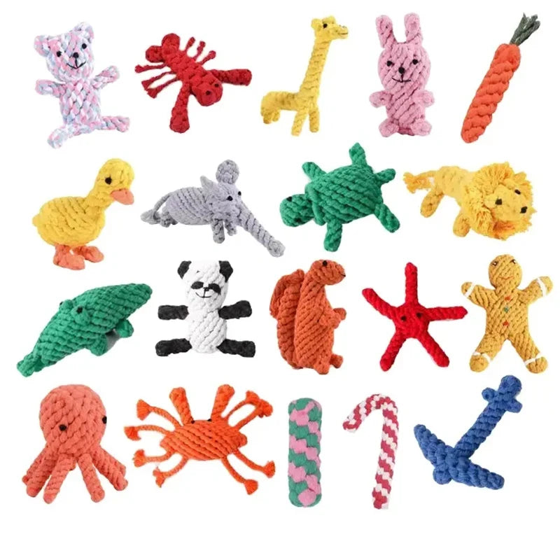 Assorted colourful animal-shaped rope toys for dogs, designed for teeth cleaning and play.