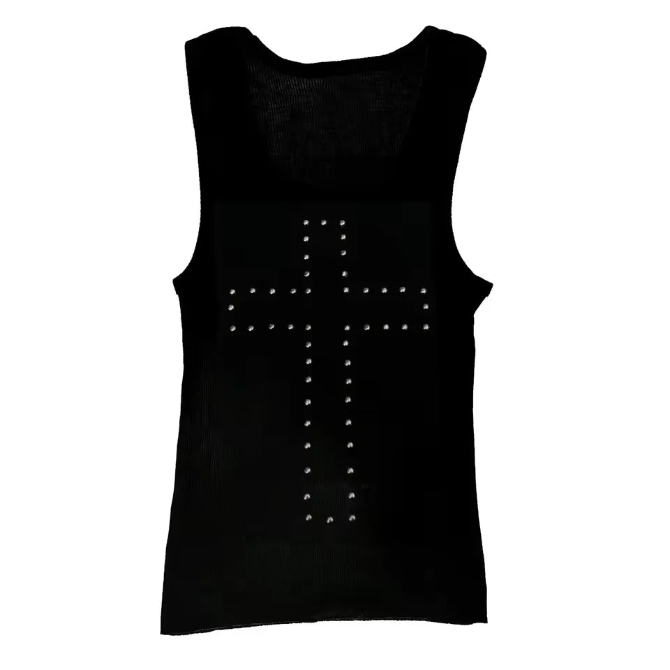 Black sleeveless vest top with a sparkling silver studded cross design on the front.