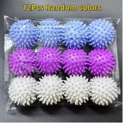 A pack of 12 spiky massage balls in blue, purple, and white, arranged in rows inside clear plastic packaging.