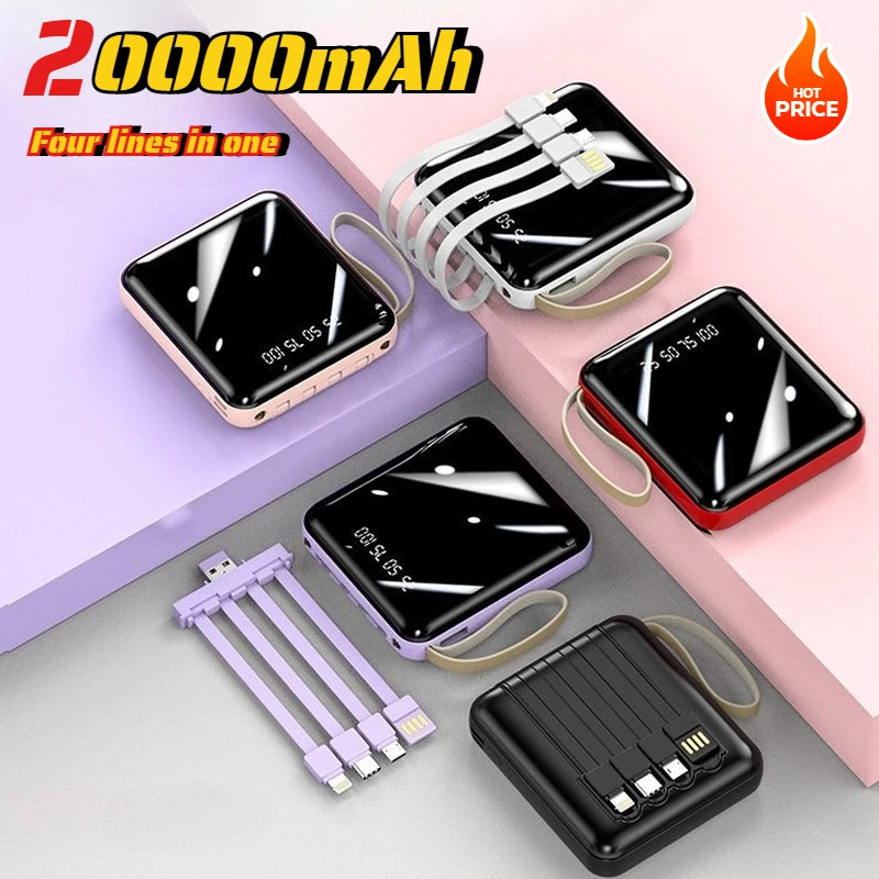 Compact, colourful 20,000mAh portable power banks with LED displays, carry straps, and four built-in charging cables.
