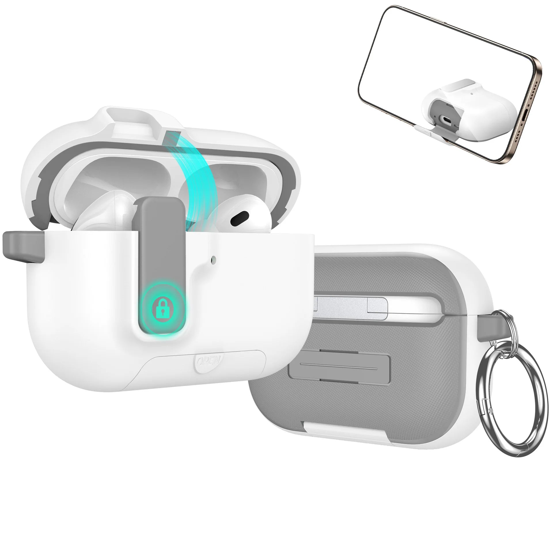 White and grey silicone locking case for AirPods Pro with metal keyring and phone stand feature.