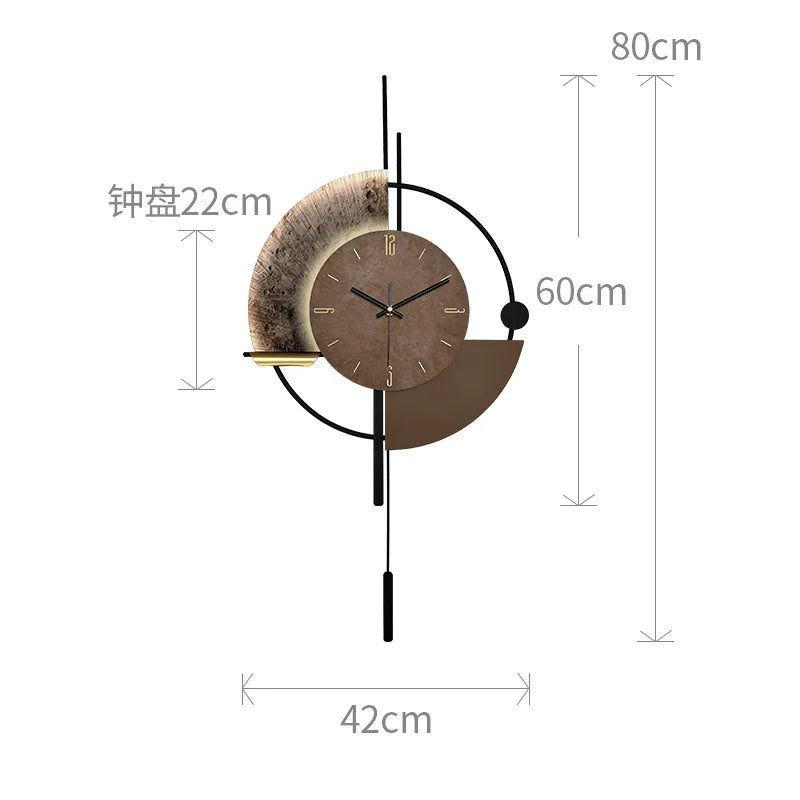 Modern minimalist wall clock with a brown circular face, geometric gold and black accents, and pendulum-style design.