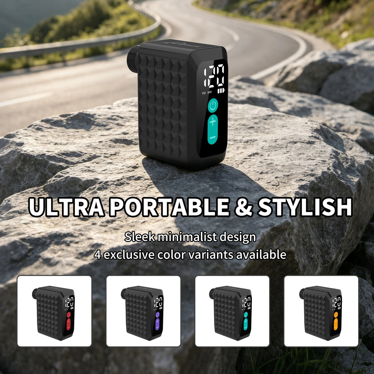 Black electric bike pump with digital gauge, textured sides, and teal power buttons on rock.