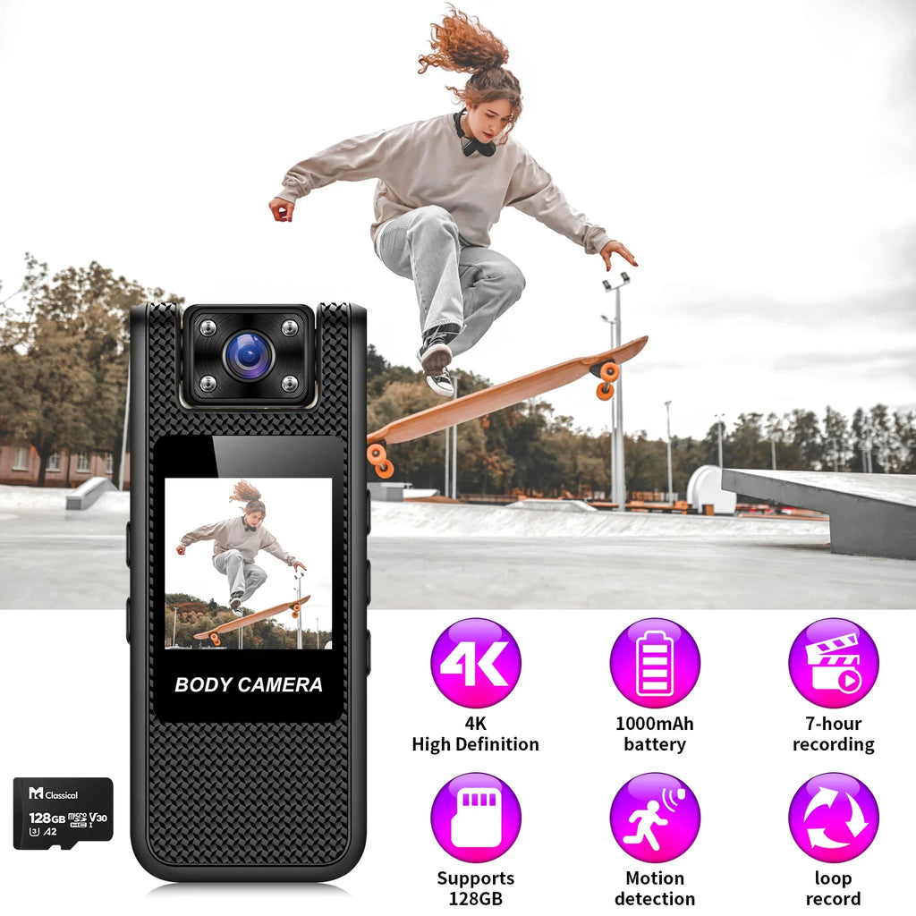 Black textured plastic body camera with 4K lens, screen, 1000mAh battery, and 128GB microSD card support.