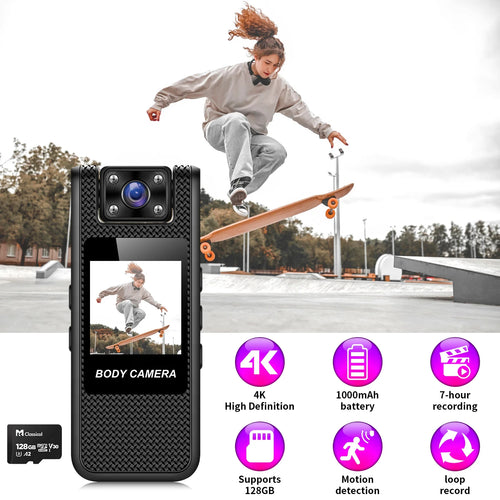 Black textured plastic body camera with 4K lens, screen, 1000mAh battery, and 128GB microSD card support.