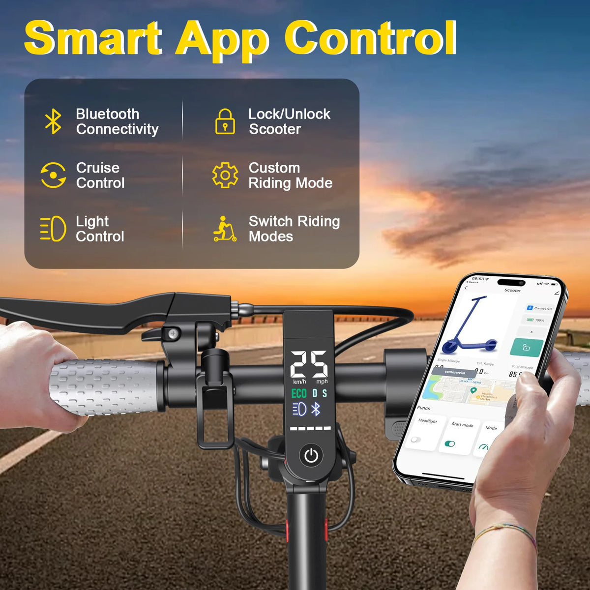 AOVOPRO adult electric scooter handlebars with digital display and smartphone app showing bluetooth controls.