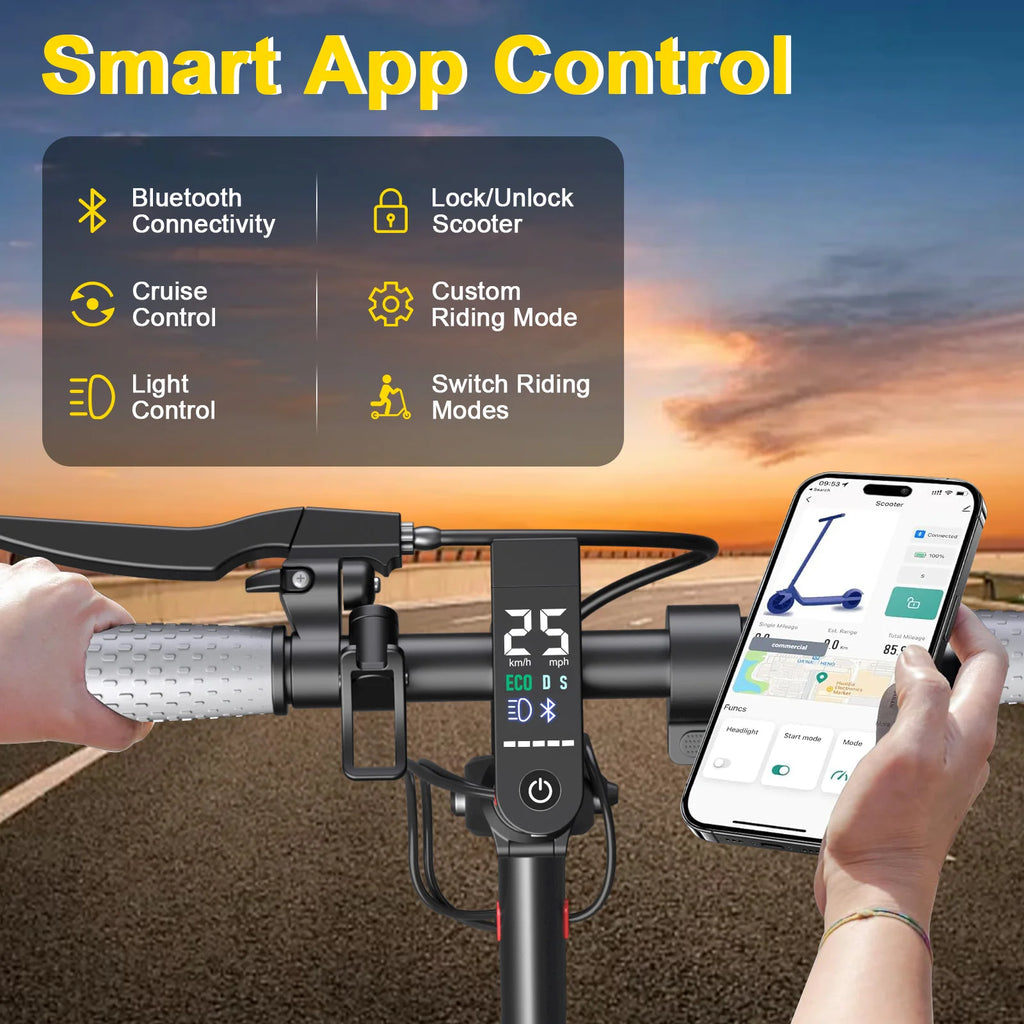 AOVOPRO adult electric scooter handlebars with digital display and smartphone app control interface.
