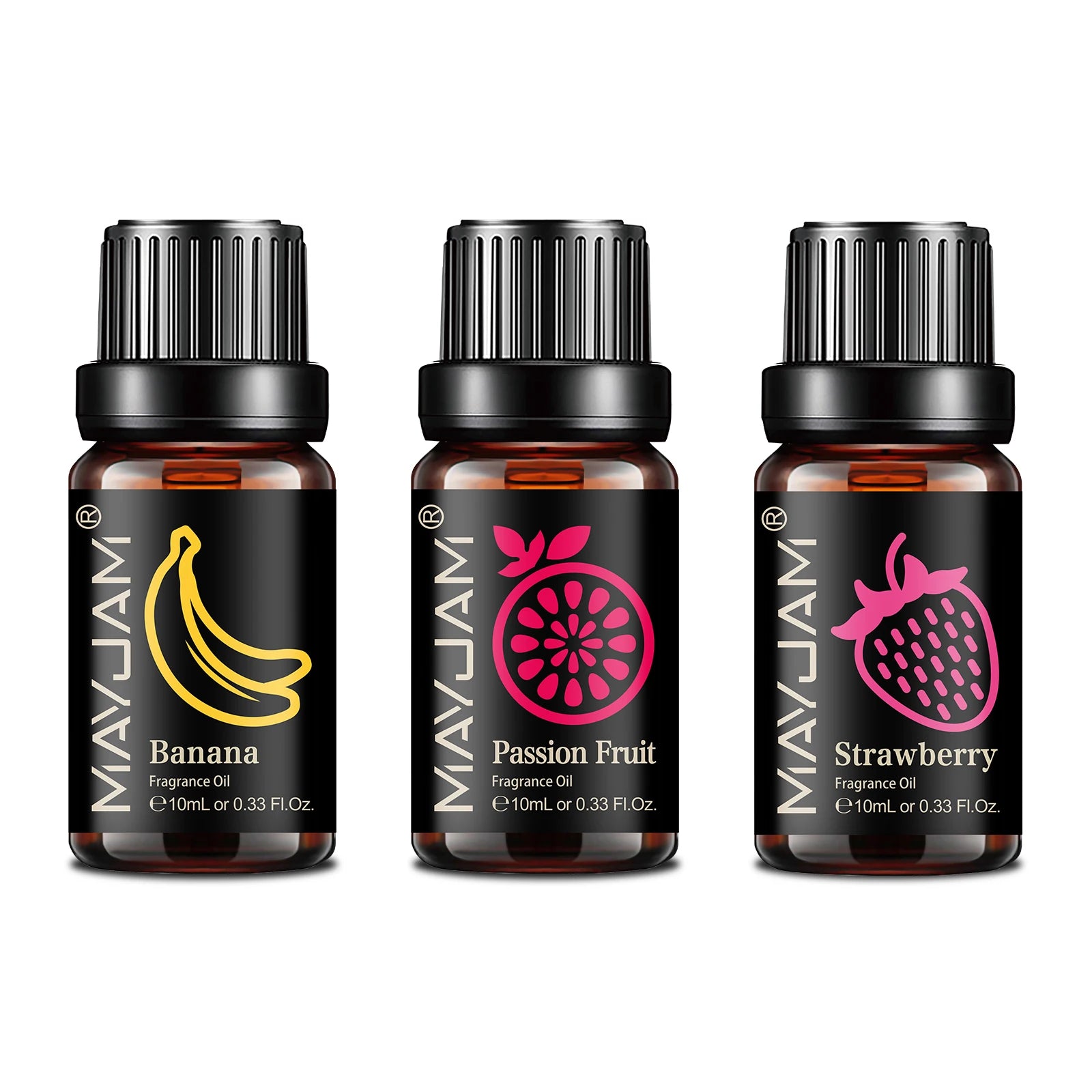 Three 10ml amber glass bottles of banana, passion fruit, and strawberry fragrance oil with black caps and labels.
