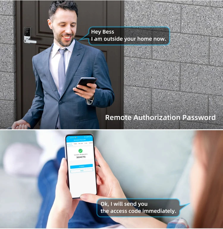 A modern silver smart door lock on a dark door, showing remote smartphone password authorisation for keyless entry.