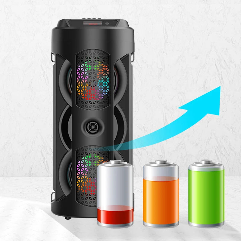 Black portable Bluetooth speaker with RGB light-up grilles and a battery charge indicator graphic.