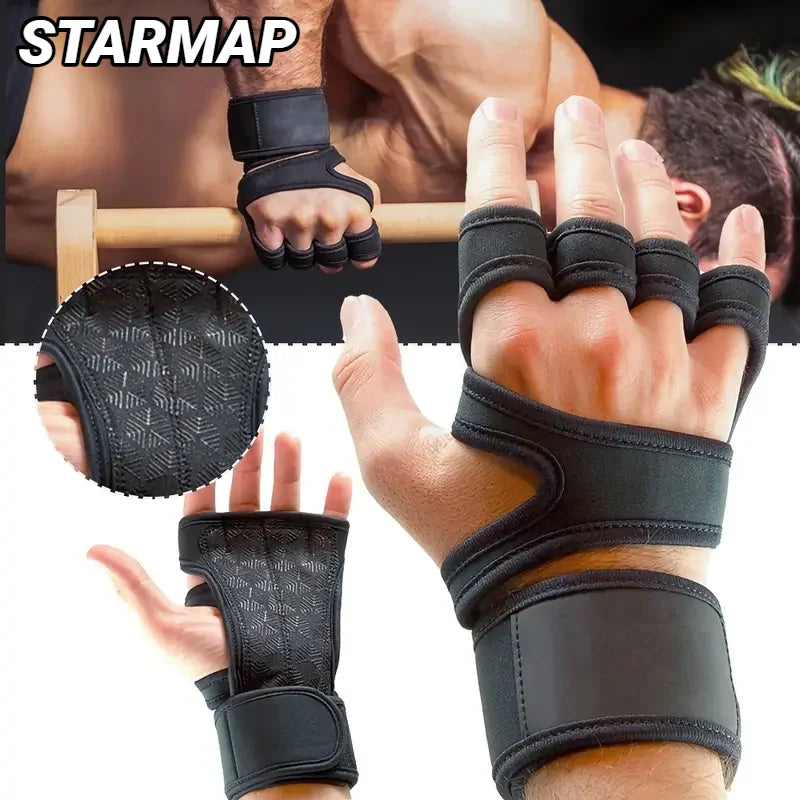 Black fingerless gym gloves with wrist support and a textured, non-slip palm grip.