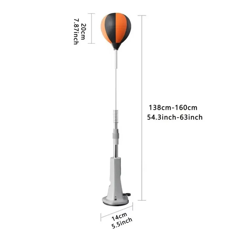 Black and orange speed bag with adjustable silver stand and grey base, featuring height dimensions.