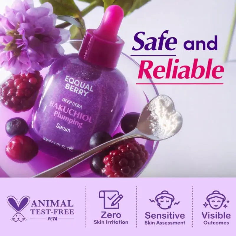 Purple Bakuchiol plumping facial serum bottle with a dropper, surrounded by berries and flowers. Cruelty-free formula.