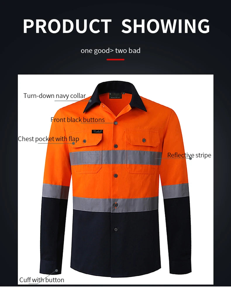 Orange and navy hi-vis work shirt with a turn-down collar, button front, chest pockets, and reflective tape stripes.