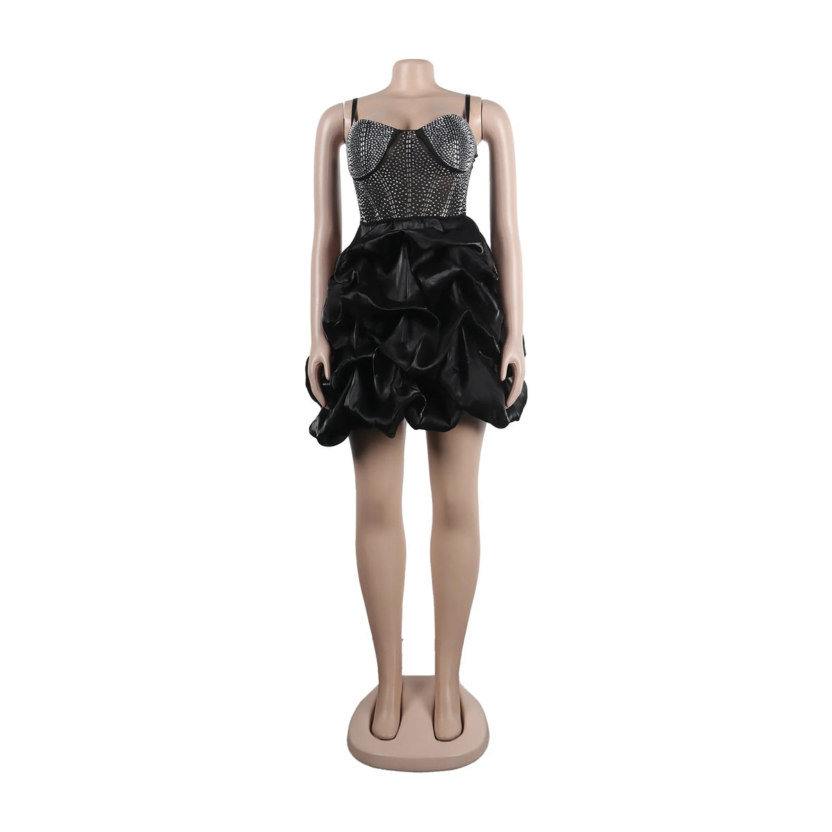 Black bodycon mini dress with rhinestone-embellished sheer mesh bodice and ruched puff skirt.