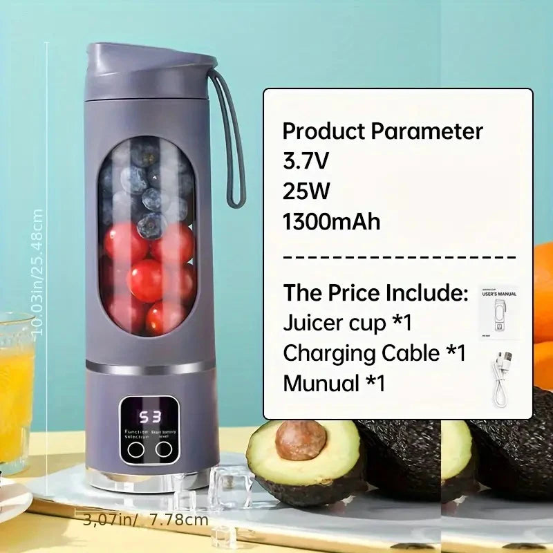 Grey portable electric blender cup with a clear central chamber filled with fruit, showing technical specs and items.