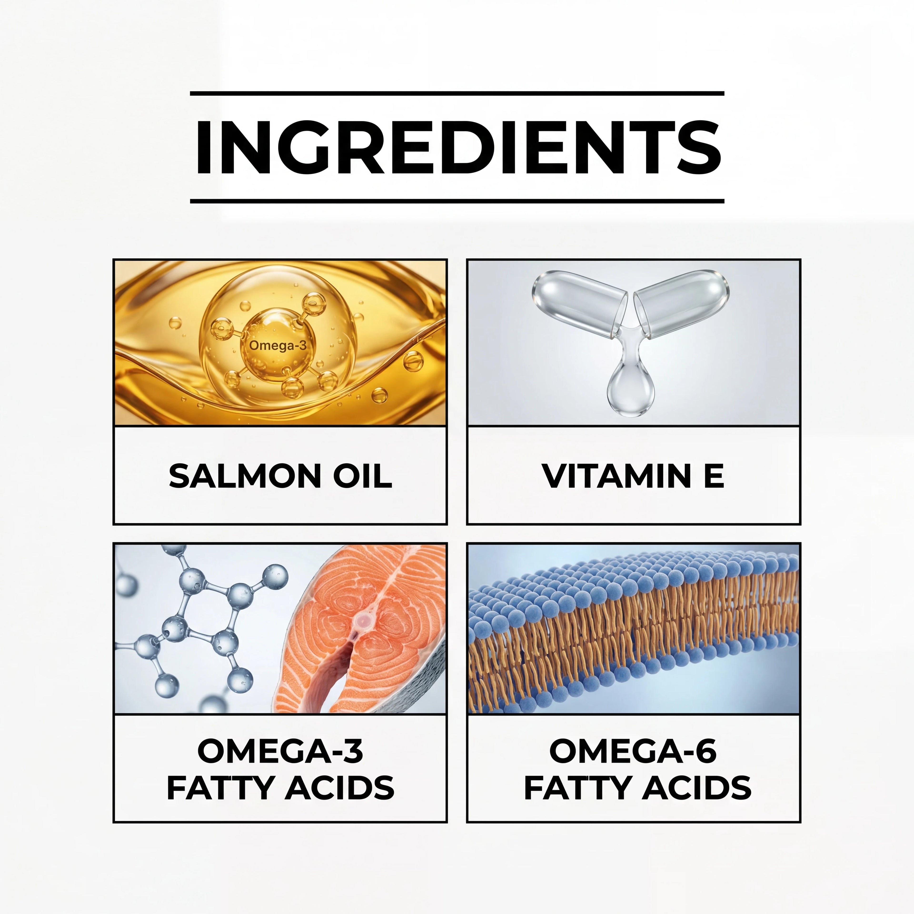 Infographic showing supplement ingredients: Salmon Oil, Vitamin E, Omega-3 and Omega-6 Fatty Acids with scientific icons.