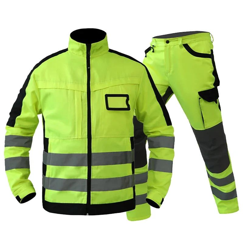 Neon yellow and black high-visibility work jacket and trousers with reflective stripes and multiple pockets.