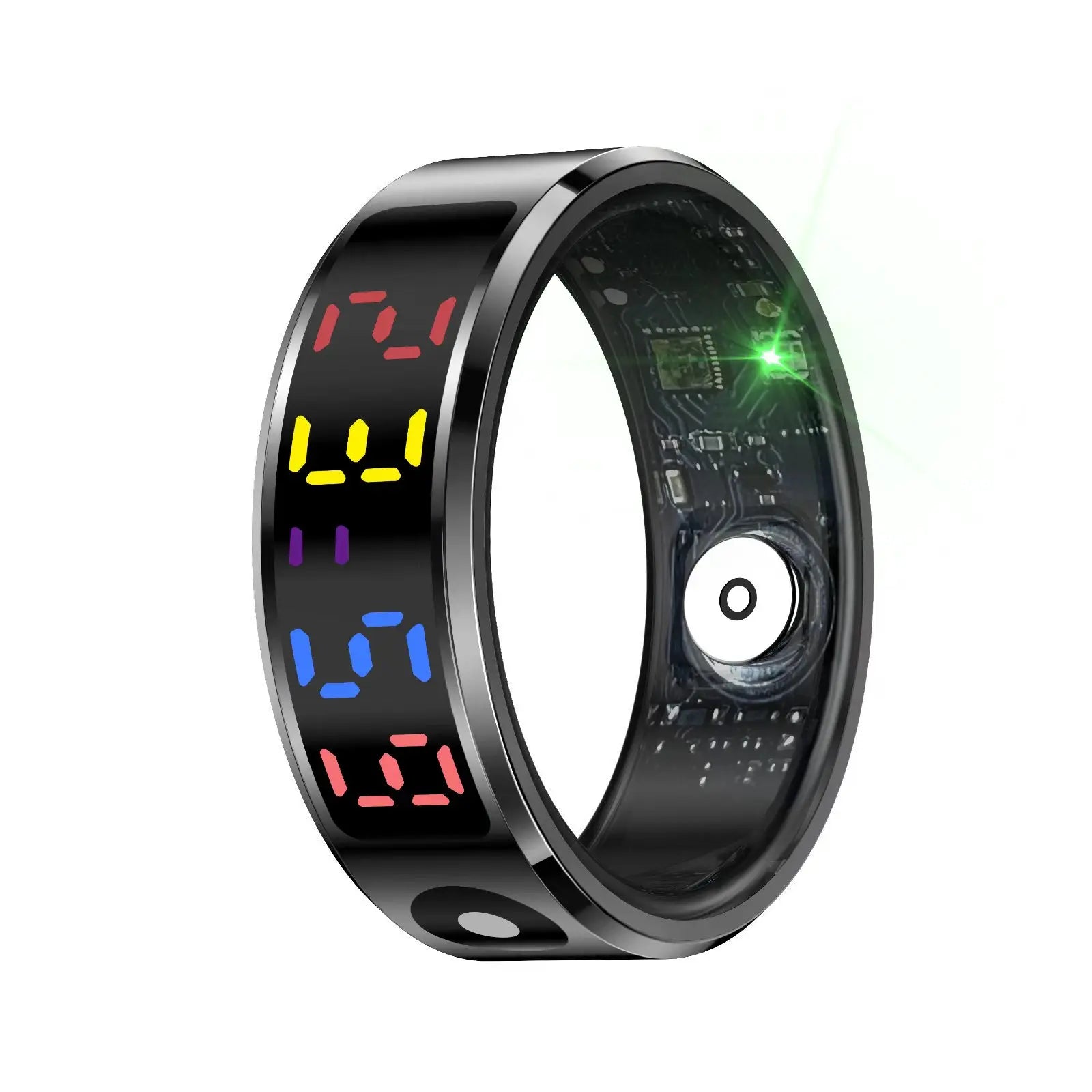 Sleek black smart ring featuring a colourful LED display and internal health monitoring sensors.
