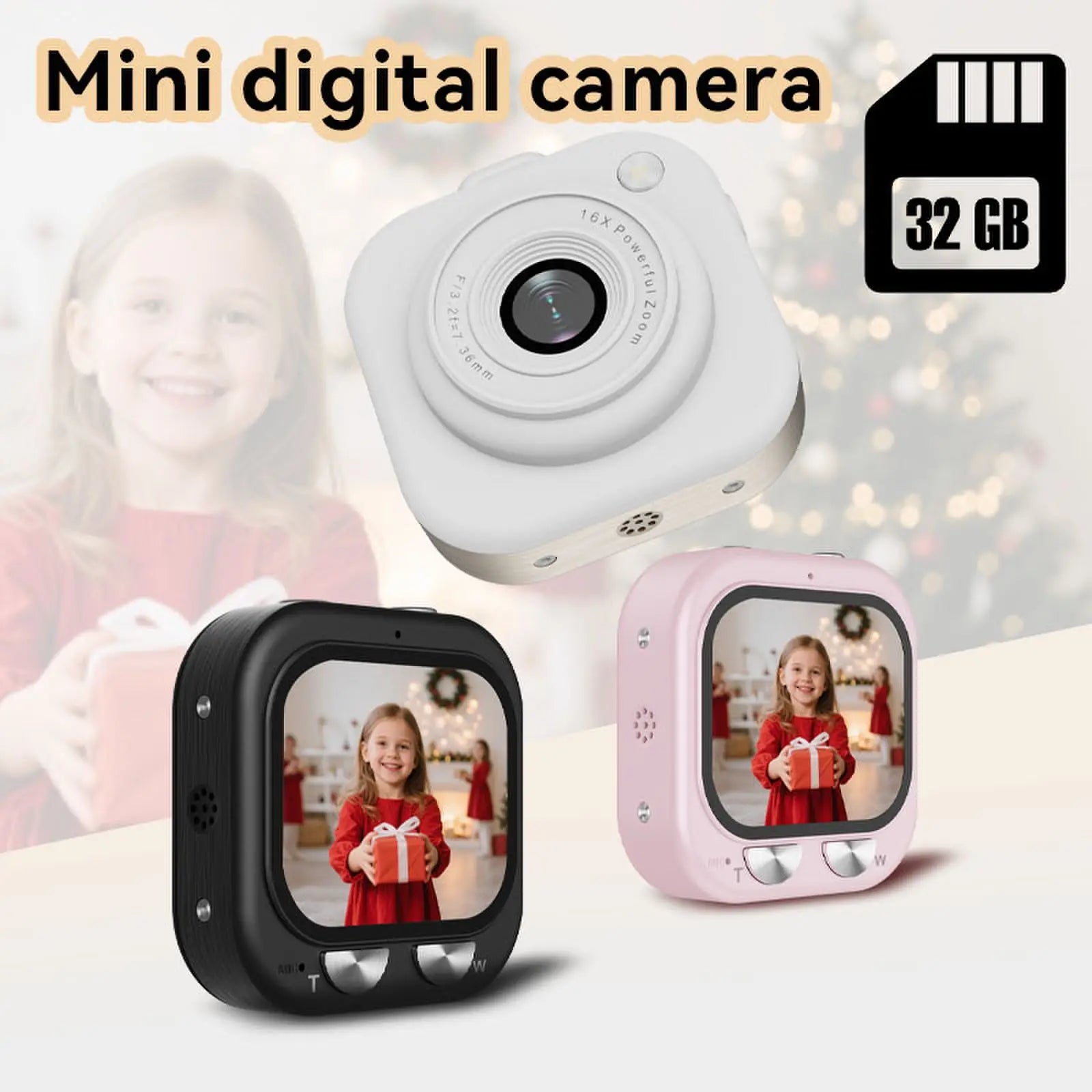 Mini plastic digital cameras in black, white, and pink, featuring screens, zoom lenses, and a 32GB memory card.