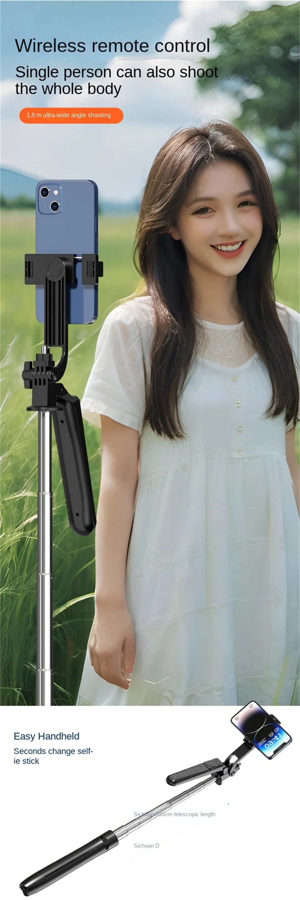Black and silver extendable metal selfie stick with a phone holder and wireless remote control.