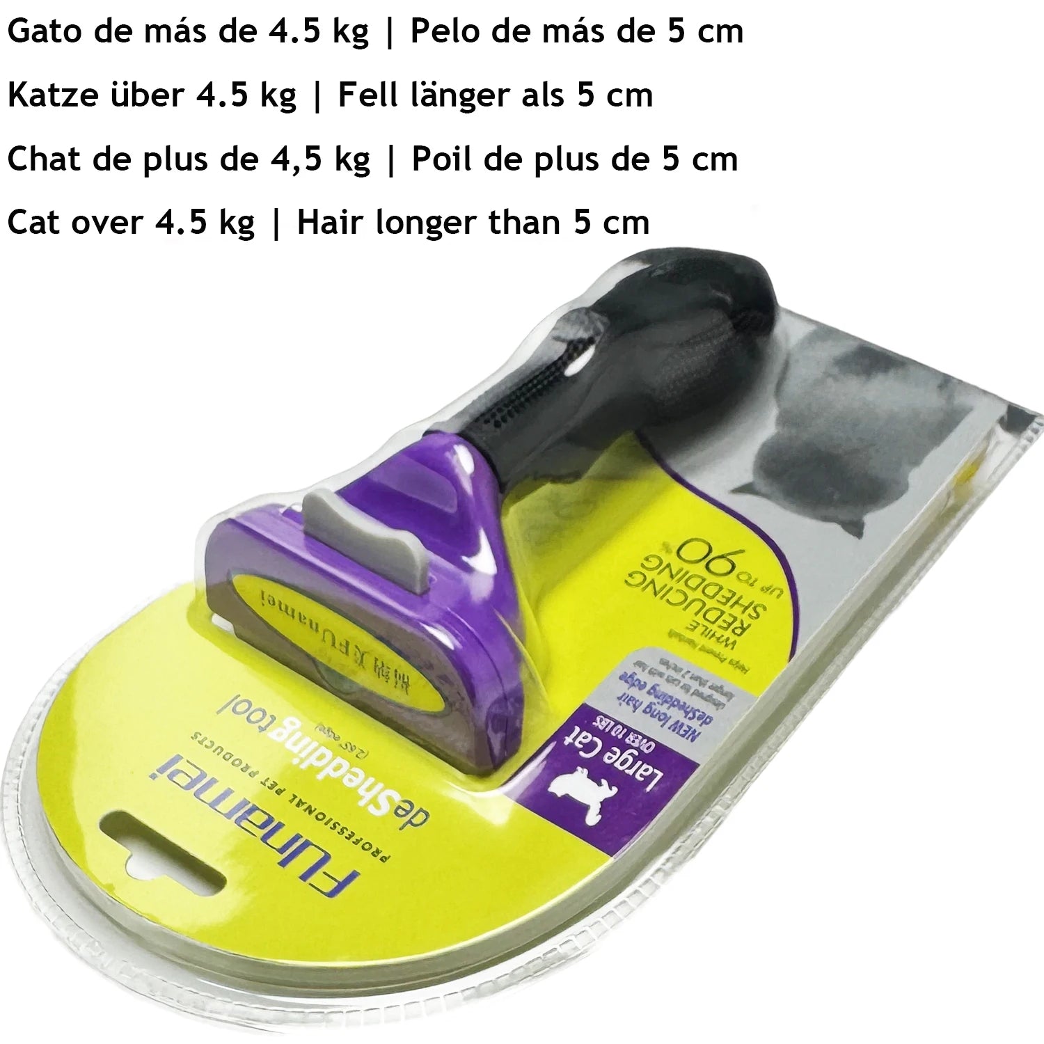 Purple and black pet deshedding tool for long-haired cats over 4.5kg, in original retail blister packaging.