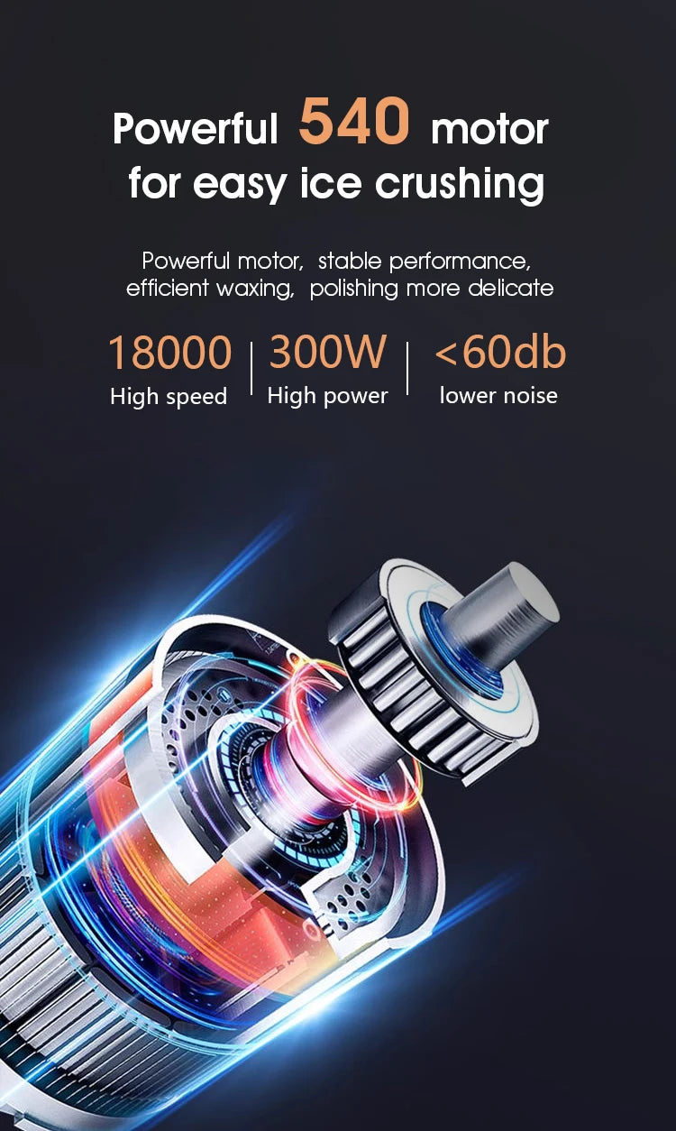 Metallic electric motor component with blue and orange light effects on a dark background, detailing performance specs.