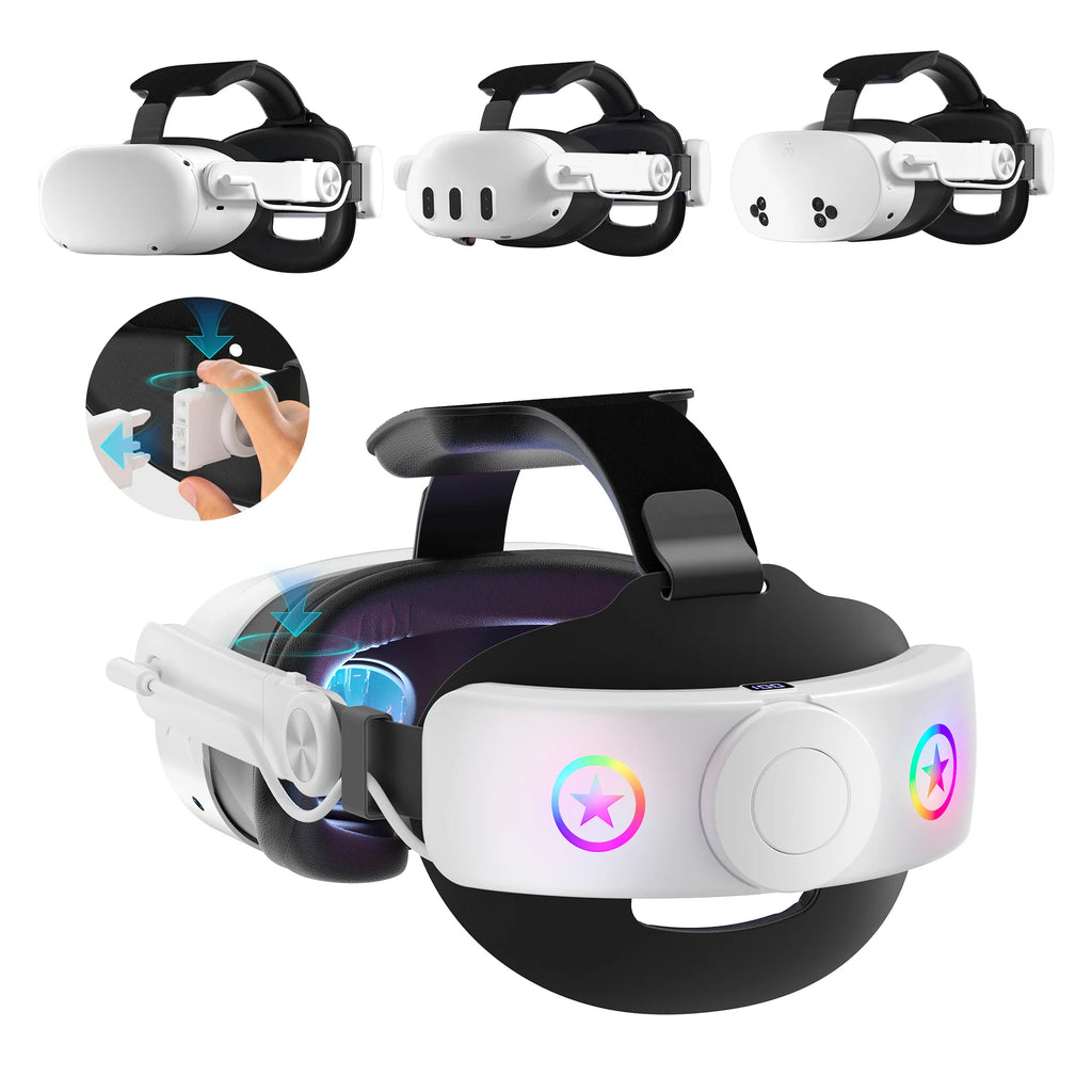 Adjustable white VR head strap with 10000mAh battery pack, RGB star lighting, and comfortable padded support.