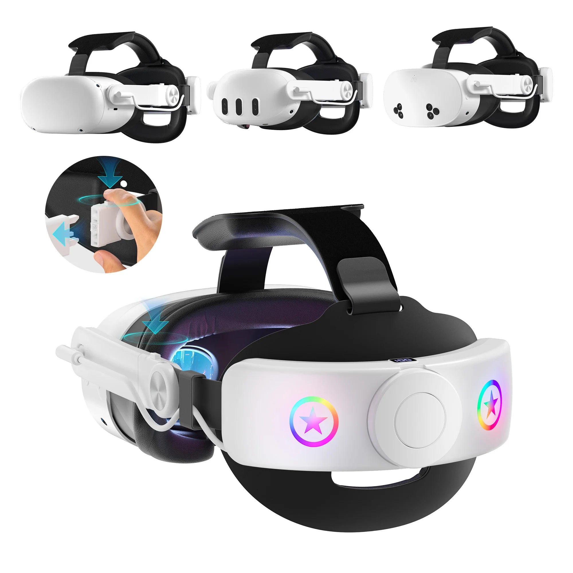 Adjustable white VR head strap with 10000mAh battery pack, RGB star lighting, and comfortable padded support.